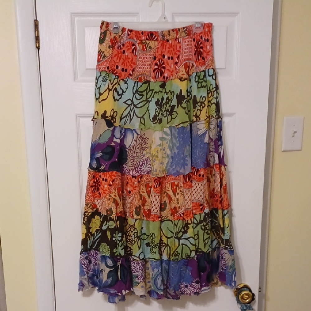 Tiara Sz S,Colorful Floral Patchwork Maxi Skirt, Cotton